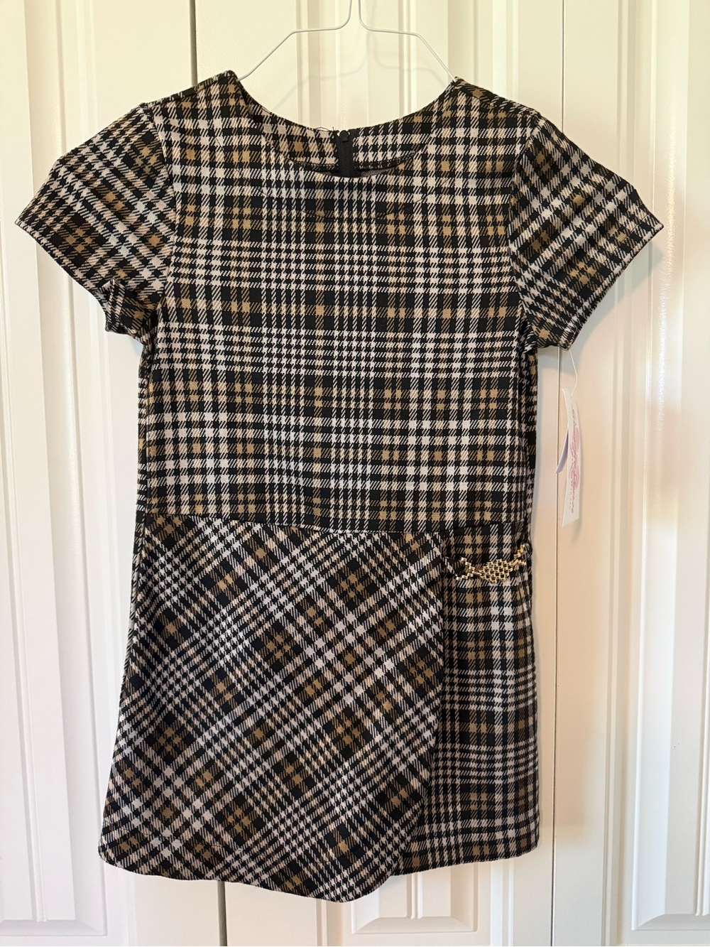 Bonnie Jean Black, White & Tan Plaid Short Sleeve Dress